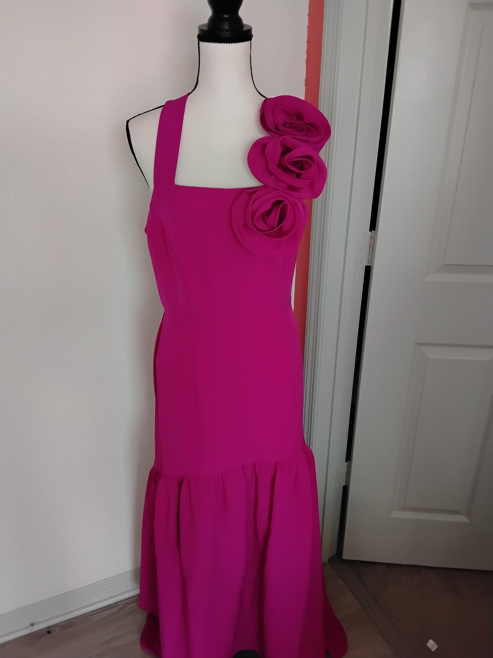 Taylor Magenta One-Shoulder Floral Accent Maxi Dress